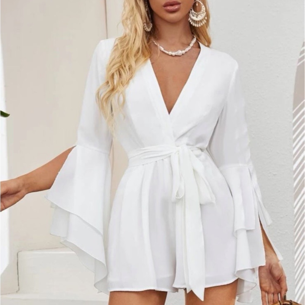 Split Asymmetrical Sleeve Self Belted Wrap Romper
